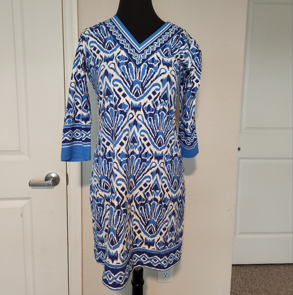 Barbara Erickson Vibrant Blue and White Geometric Dress
